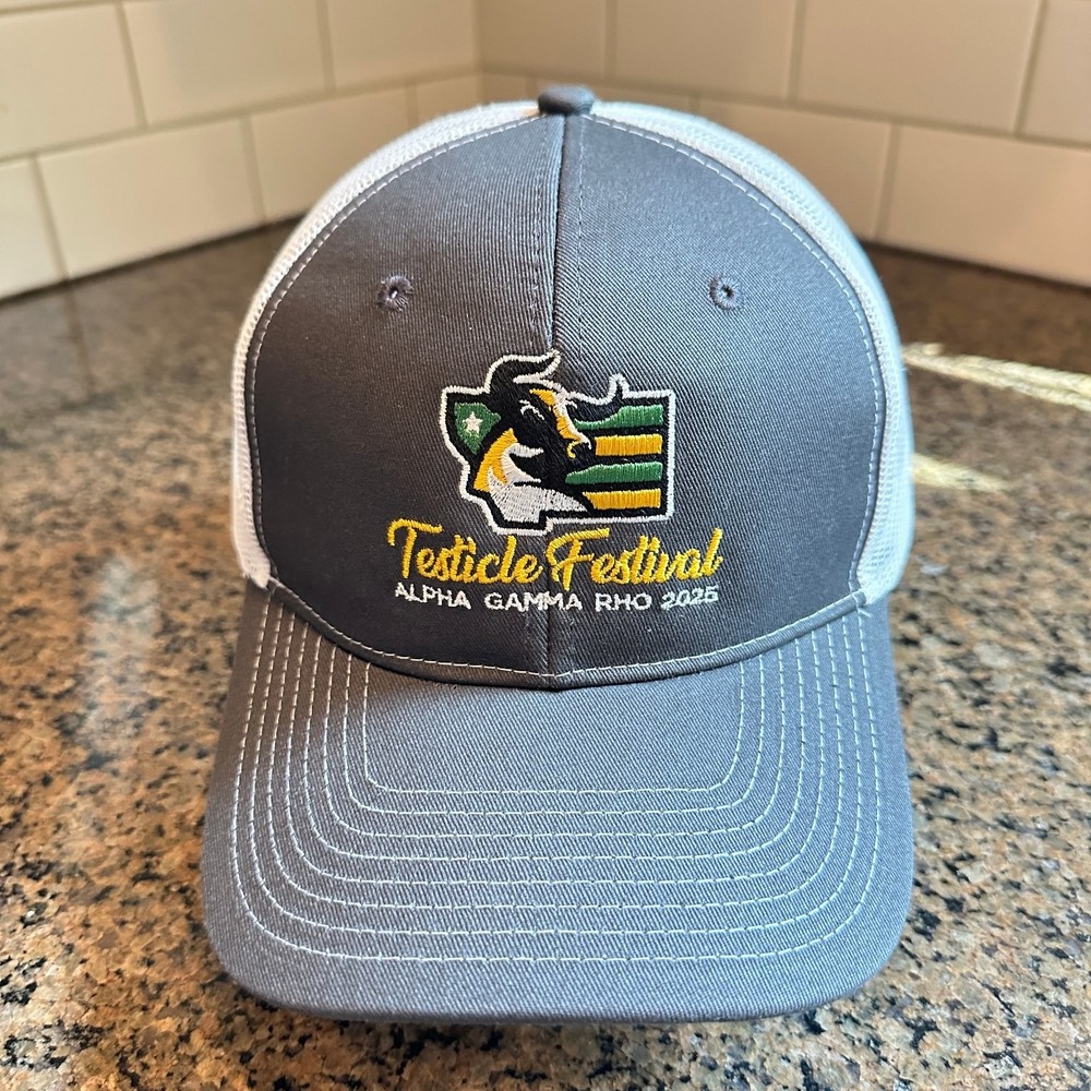 Testicle Festival Alpha Gamma Rho 2025 Port Authority Trucker Hat Gray White